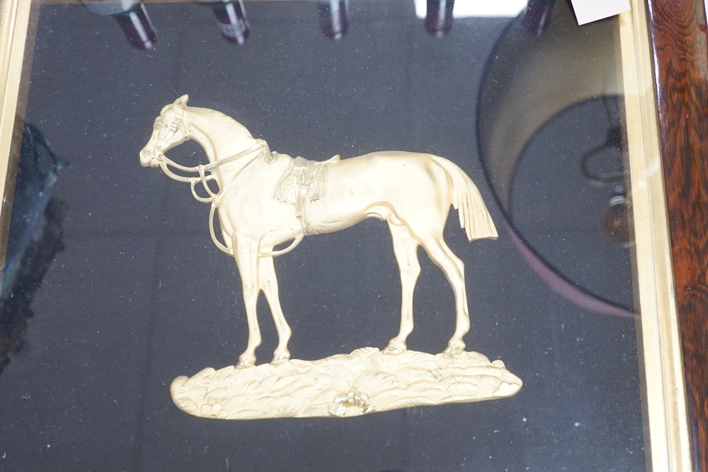 A Victorian cast gilt metal horse, rosewood framed, 43 x 50cm total